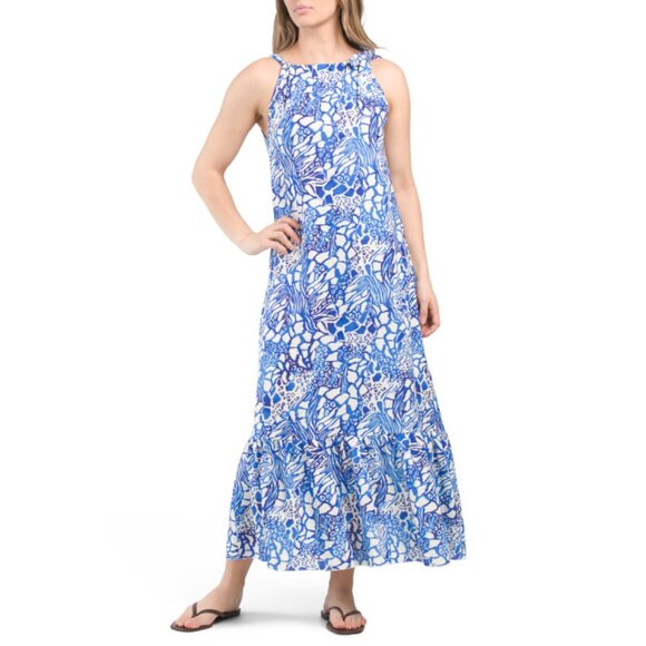 TALIA BENSON  Italy Linen Blend Tie Shoulder Printed Maxi Dress - Picture 1 of 2